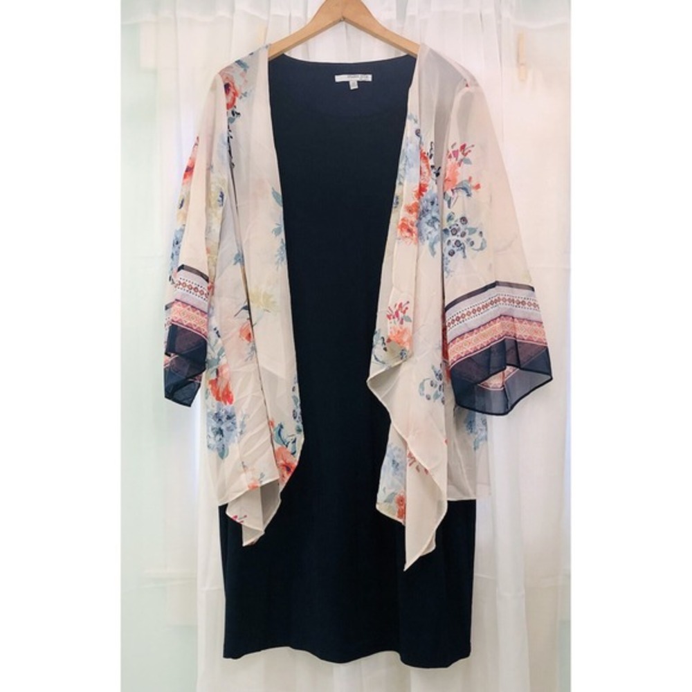 Studio One New York Plus Size‎ 2X Navy Dress w/ attached overlay cardigan kimono